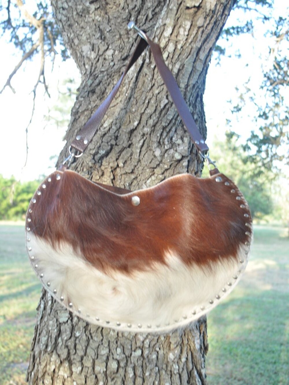 🤎 Handmade Brown & White Cowhide Crescent Purse | Genuine Leather | One of a Ki